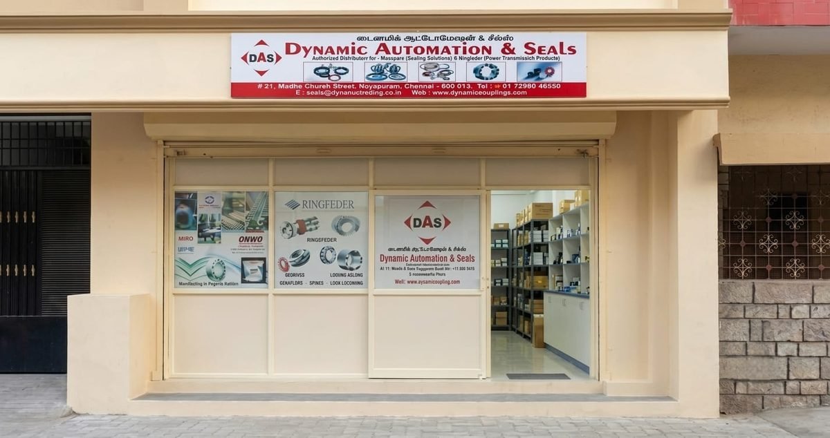 Dynamic Automation & Seals head office and store front on Madha Church Street, Royapuram, Chennai, with shelves of seals and couplings visible inside